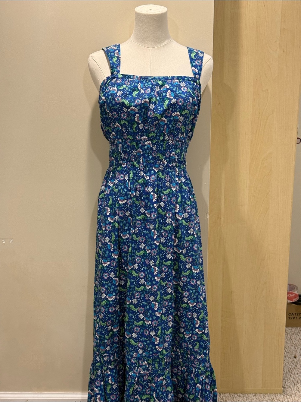 LOFT Blue Floral Maxi Dress with Square Neck
